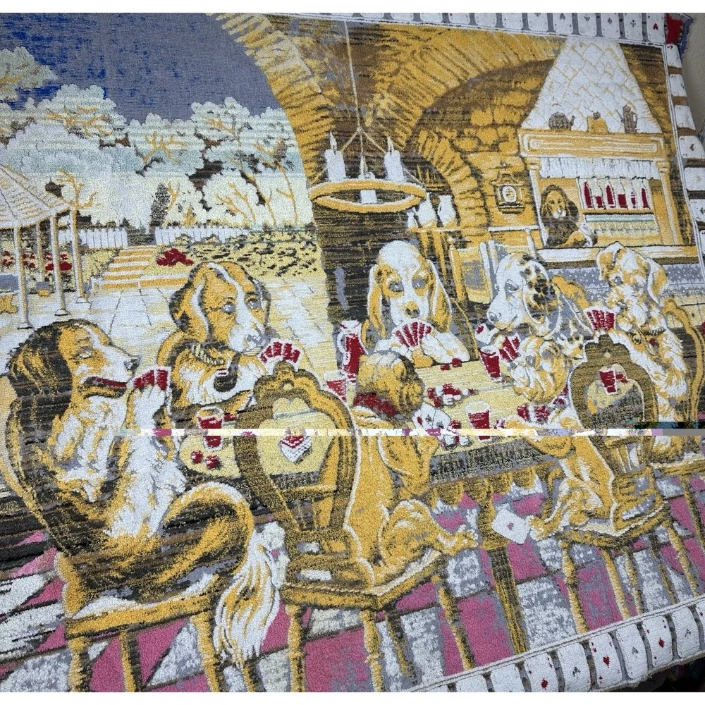 Vintage Dogs Playing Poker Tapestry Blanket Throw Cards Bar Scene 57x46 Vtg